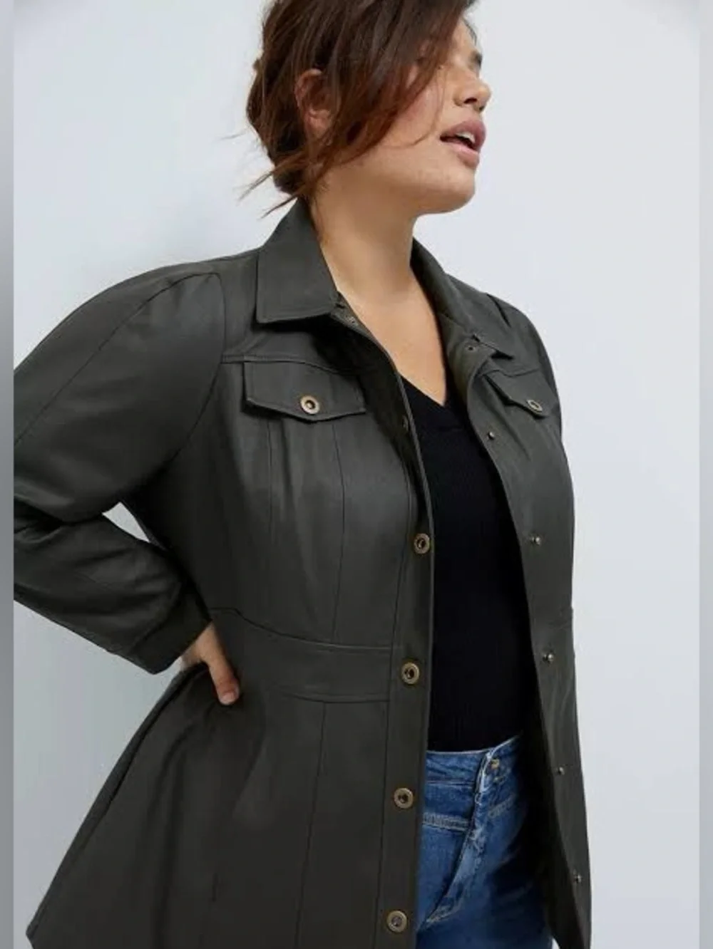 Maeve by Anthropologie Kellie Faux Leather Coat Green Gray Size 10